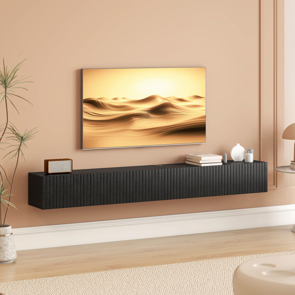 Black Fluted Floating TV Stand with Cable Management