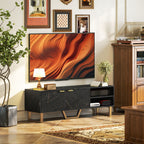 Marble Effect TV Unit with Fluted Cabinet Doors - Black