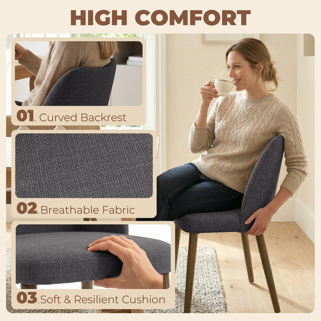 Linen Upholstered Dining Chairs Set of 2 with Curved Backrest Dark Grey