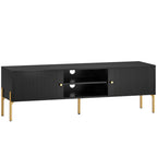 Black Fluted TV Stand with Gold Legs and 2 Cabinets