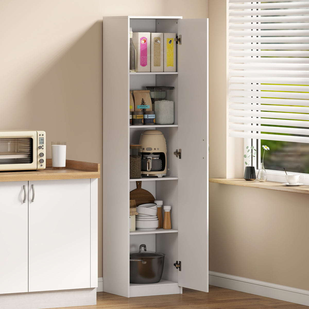 Slim Five-Tier Pantry Storage Cabinet with Soft-Close Hinges White