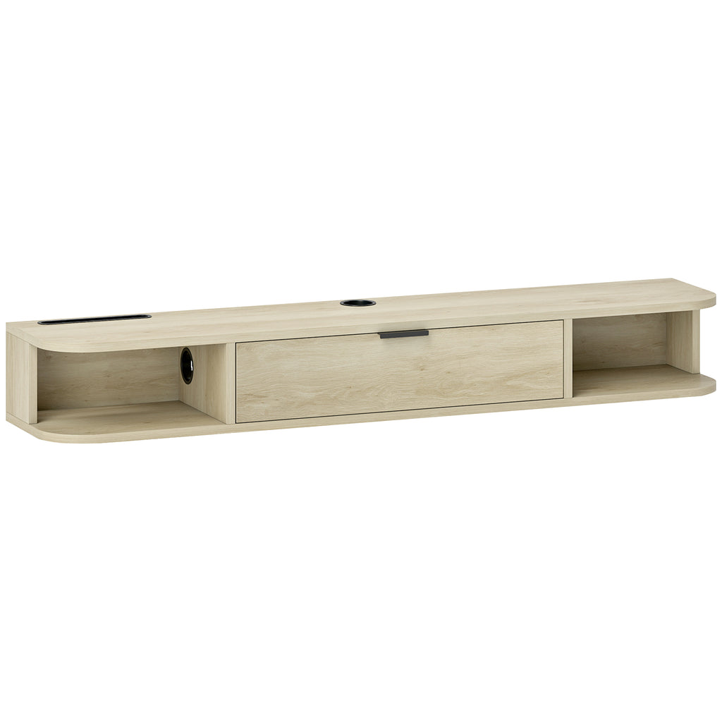 Natural Wood Floating TV Unit with Flip Drawer