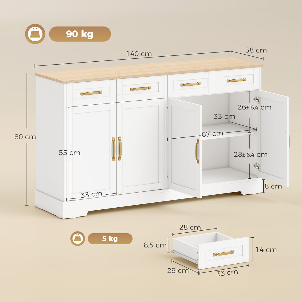 Sideboard Buffet Cabinet with Four Drawers and Adjustable Shelves
