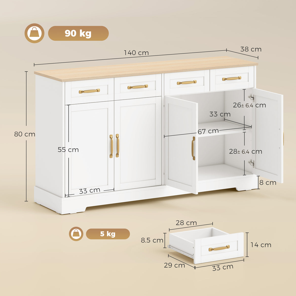 Sideboard Buffet Cabinet with Four Drawers and Adjustable Shelves