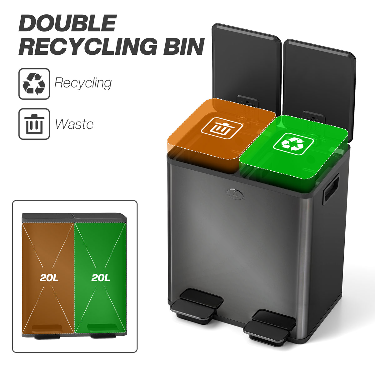 Dual Compartment Recycling Bin with Deodoriser Holders - Black (Alt)