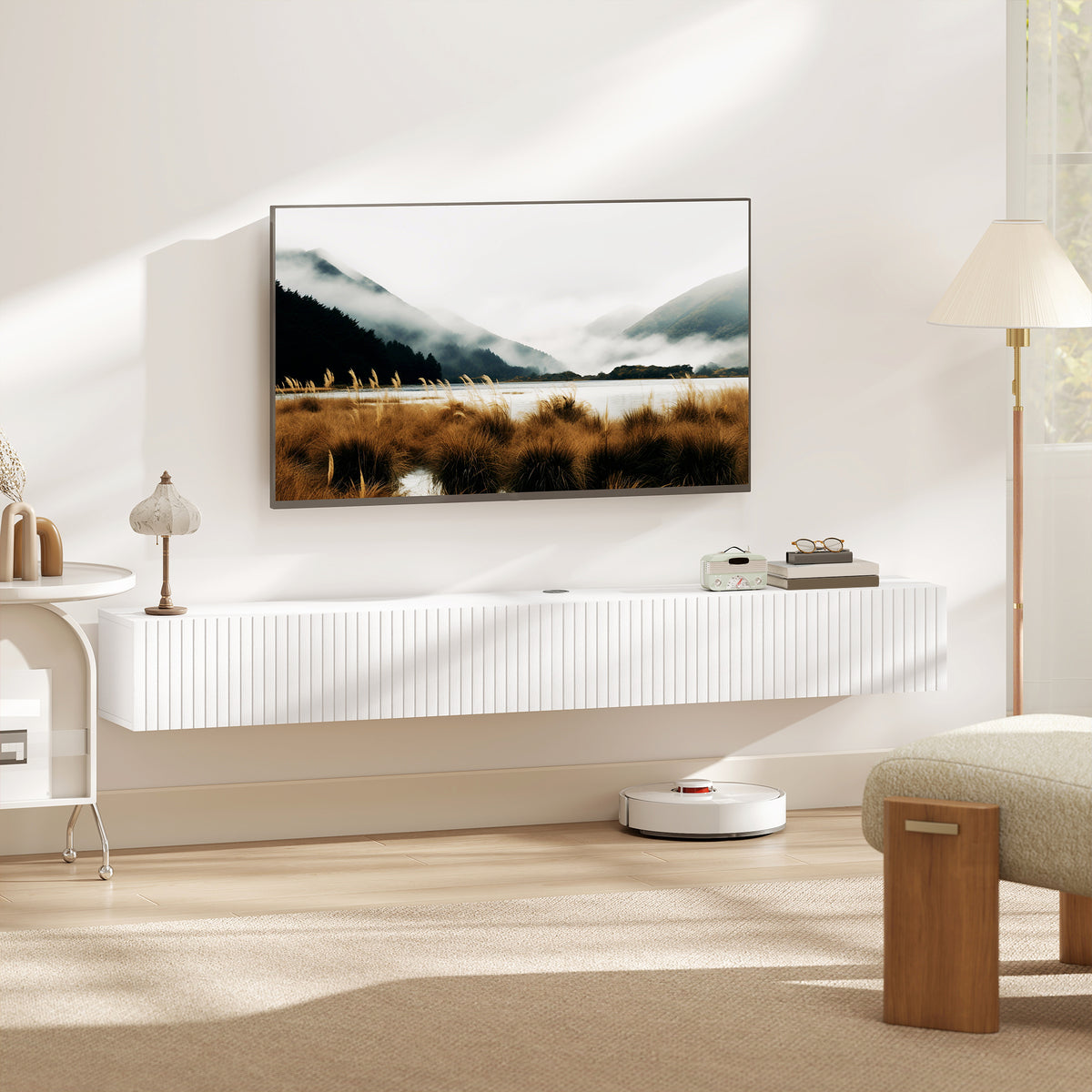 Fluted Floating TV Stand with Cable Management - White