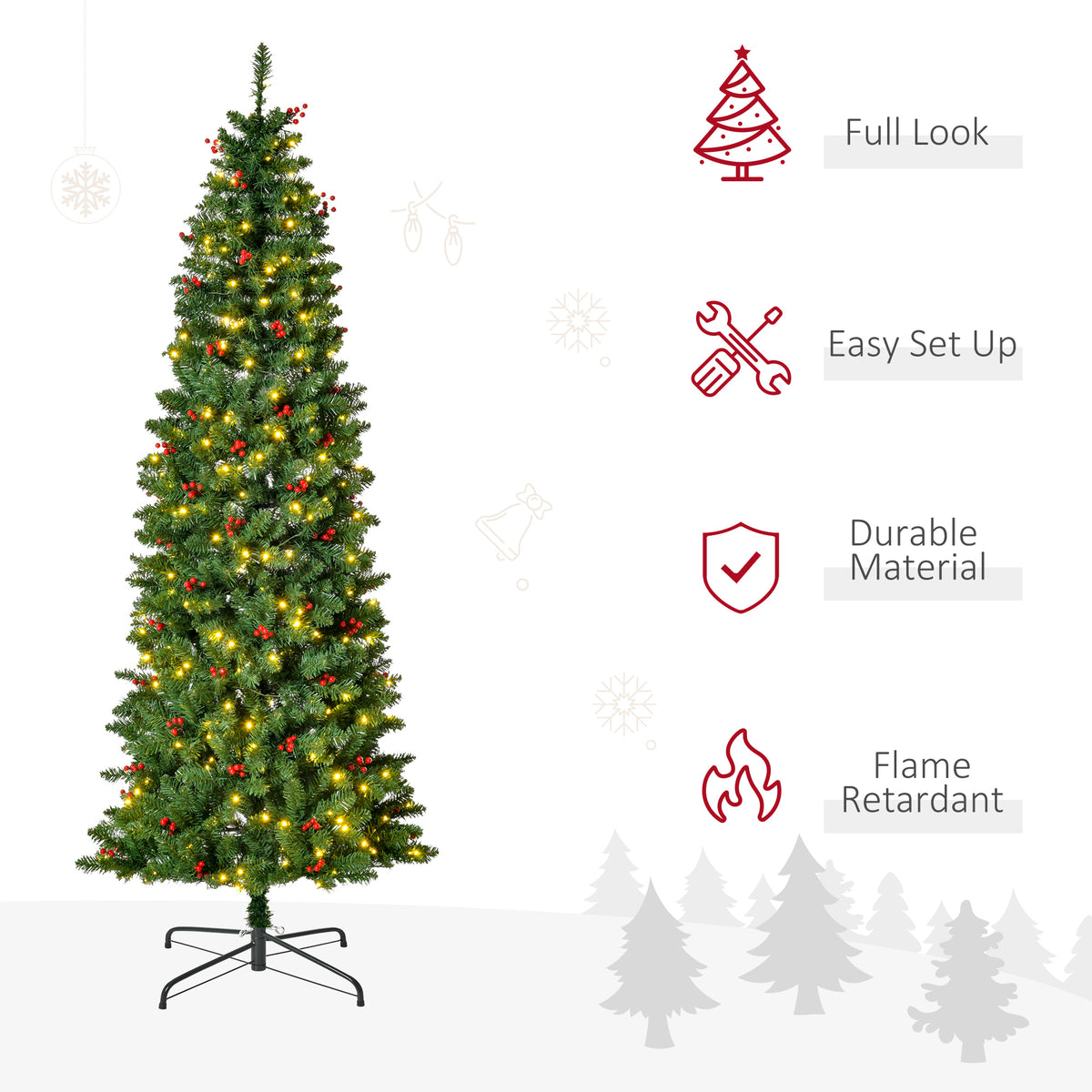 7 Foot Prelit Artificial Pencil Christmas Tree with Warm White LED Lights and Red Berries