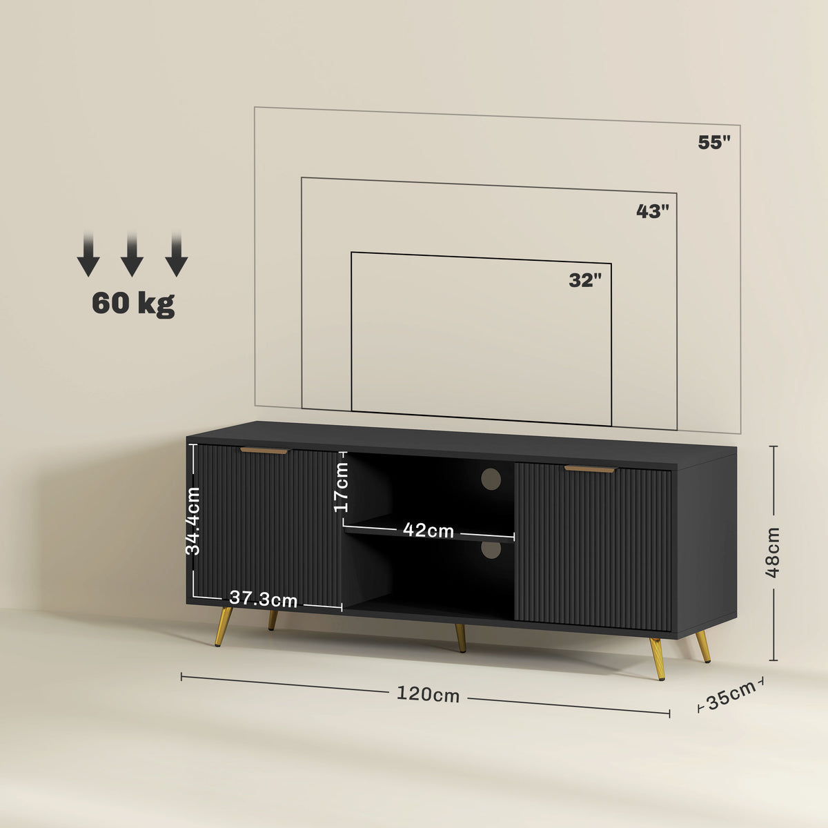 Black Beadboard TV Stand with 2 Cabinets and Open Shelves