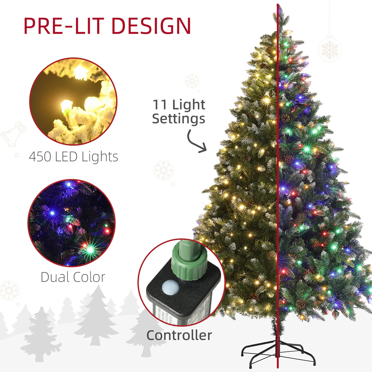 7ft Pre-Lit Artificial Christmas Tree with Dual Colour LED Lights Green
