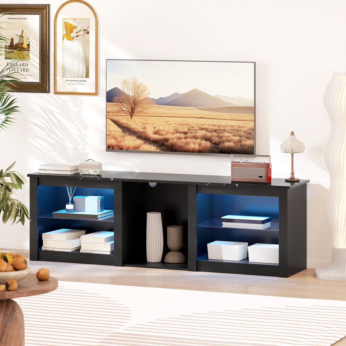 Black TV Stand with RGB LED Lights and Glass Shelves