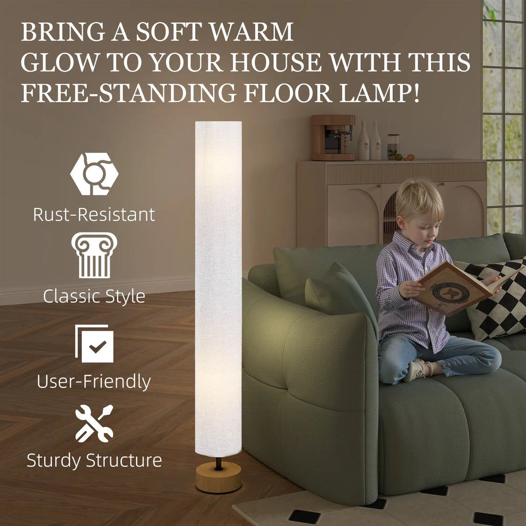 Modern Grey Standing Floor Lamp with Linen Shade and Wooden Base