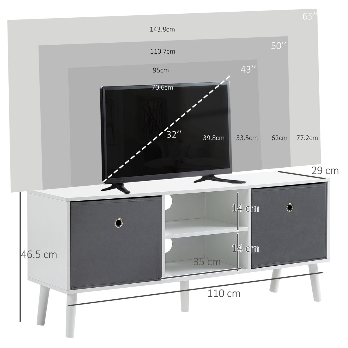 White and Grey TV Stand with 2 Drawers and 2 Shelves