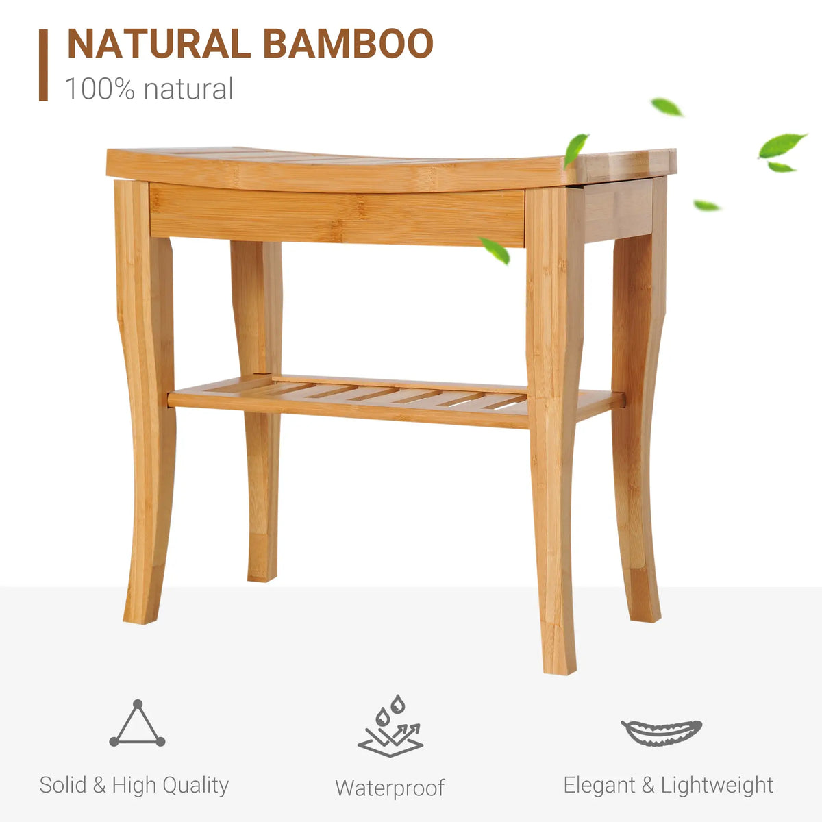 Two-Tier Slatted Bamboo Shower Bench with Storage Shelf Natural