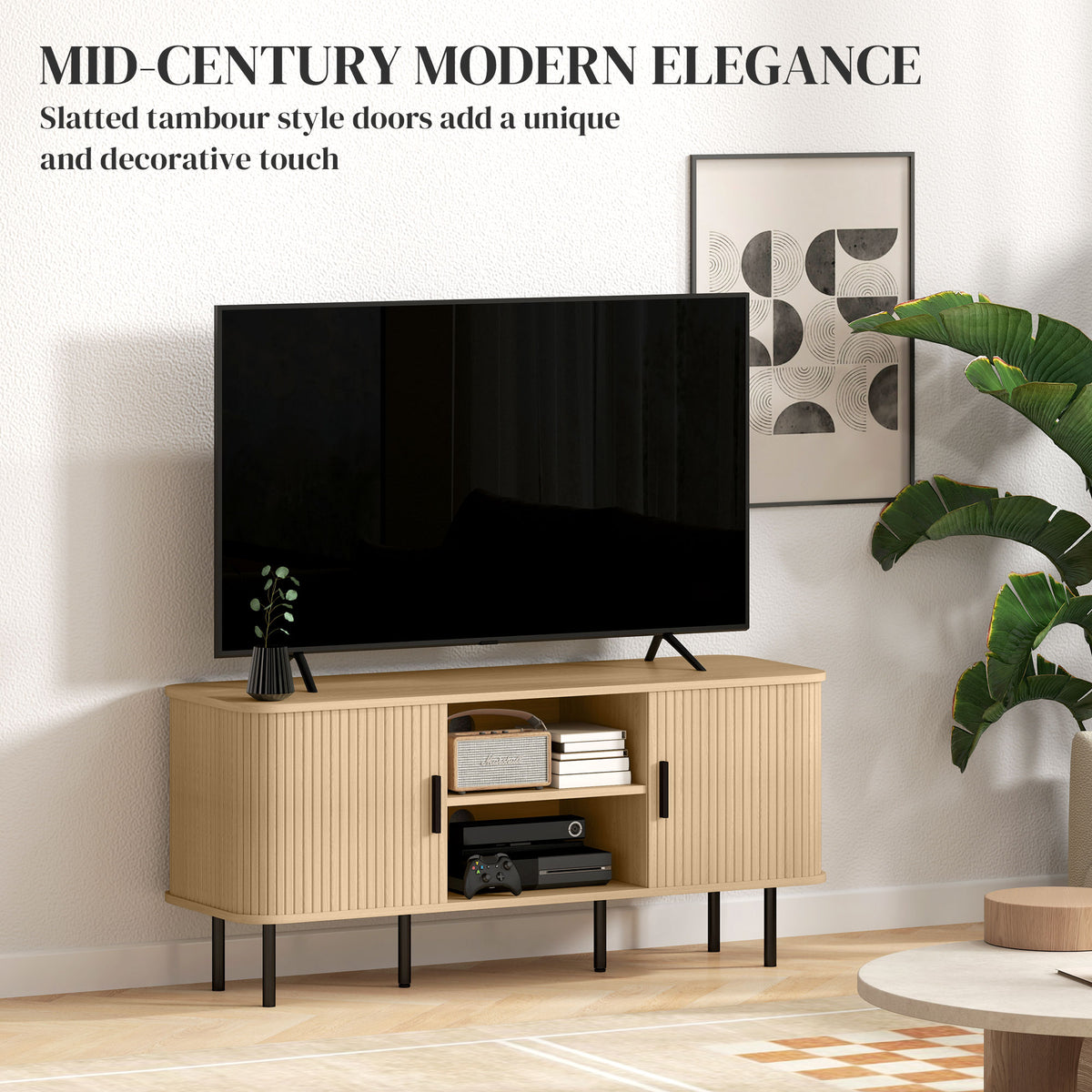 TV Stand Cabinet with Slatted Tambour Doors - Oak
