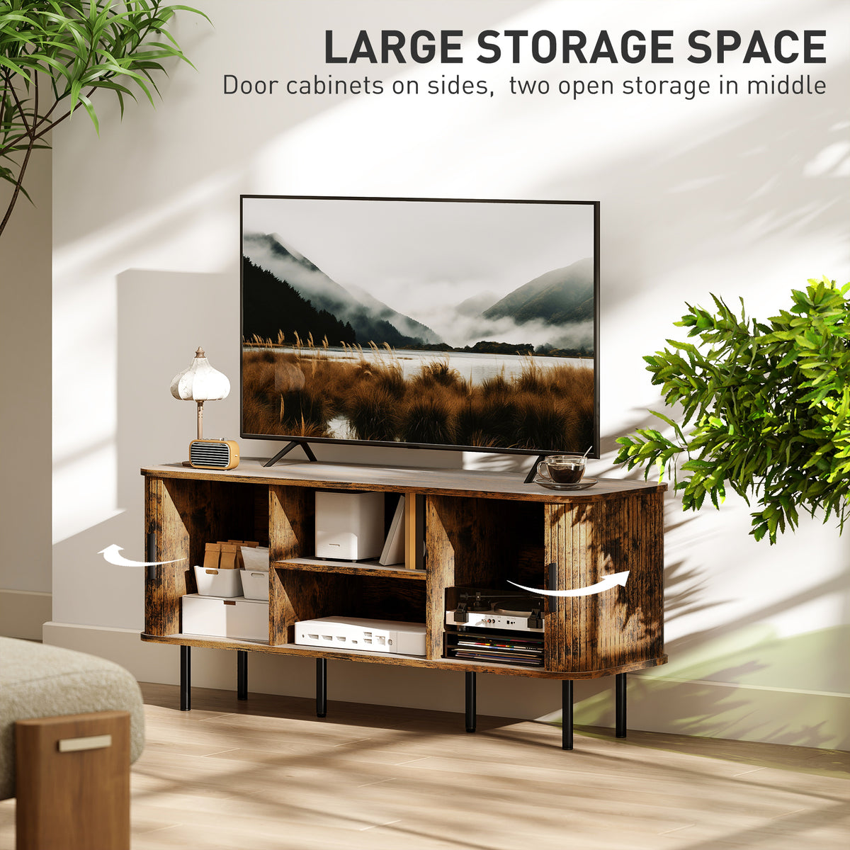 TV Stand Cabinet with Slatted Tambour Doors - Rustic Brown