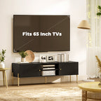 Black Fluted TV Stand with Gold Legs and 2 Cabinets