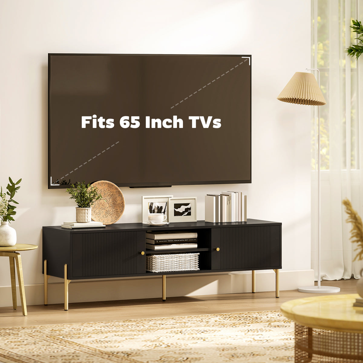 Black Fluted TV Stand with Gold Legs and 2 Cabinets