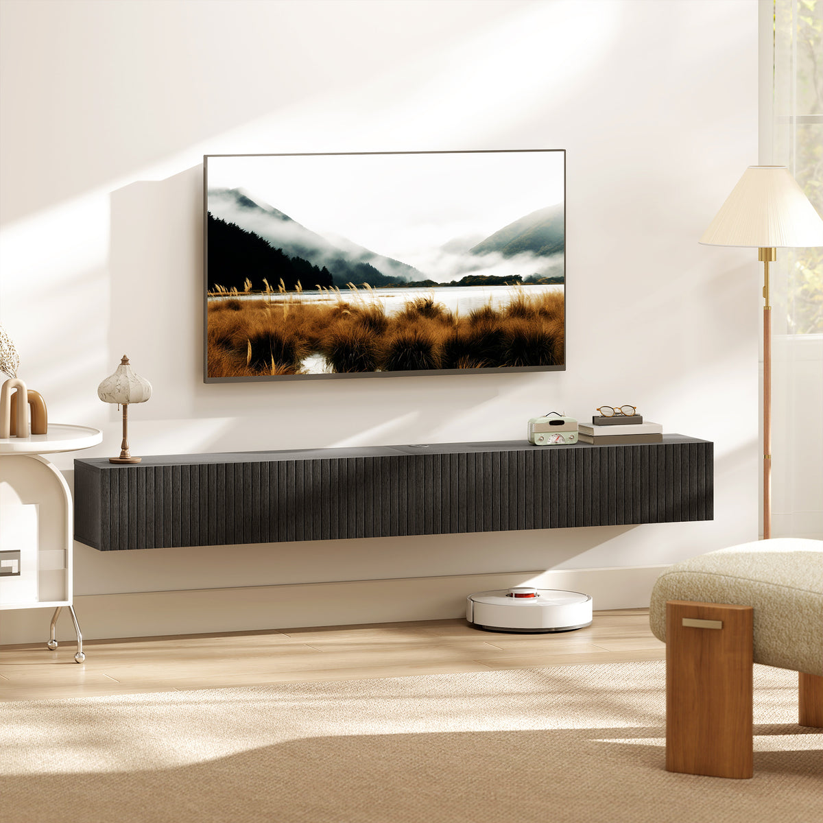 Black Fluted Floating TV Stand with Cable Management