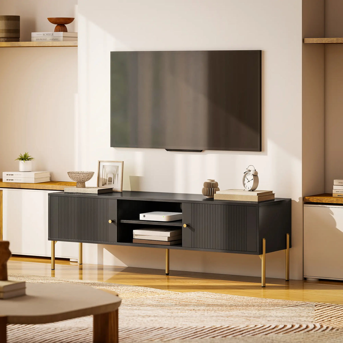 Black Fluted TV Stand with Gold Legs and 2 Cabinets