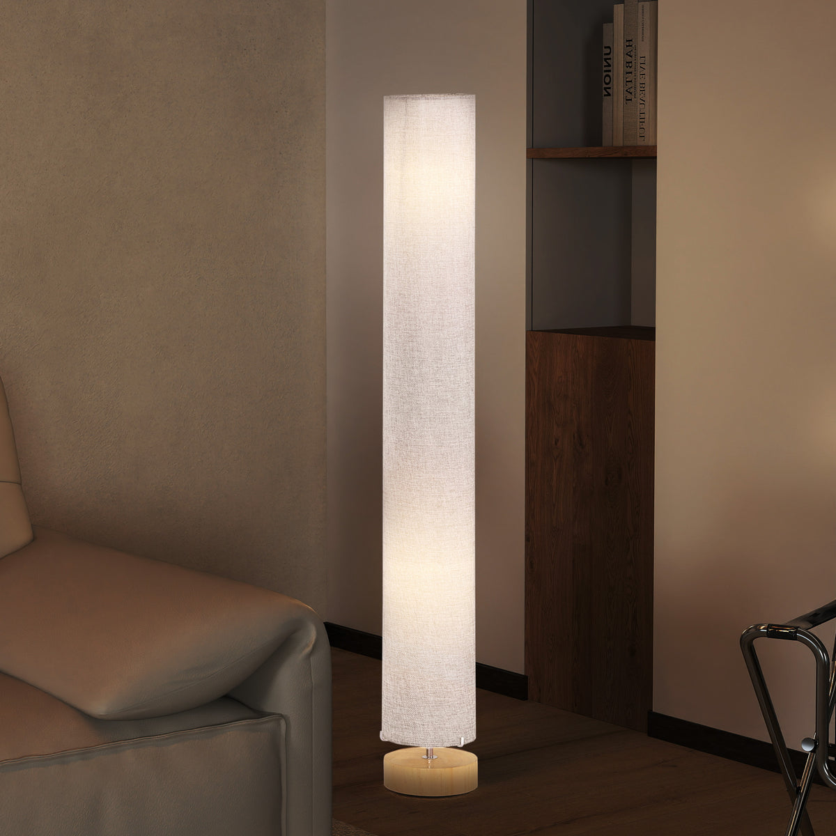 Modern Grey Standing Floor Lamp with Linen Shade and Wooden Base