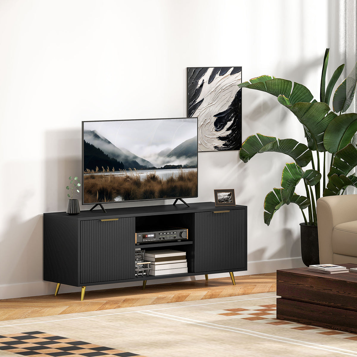 Black Beadboard TV Stand with 2 Cabinets and Open Shelves