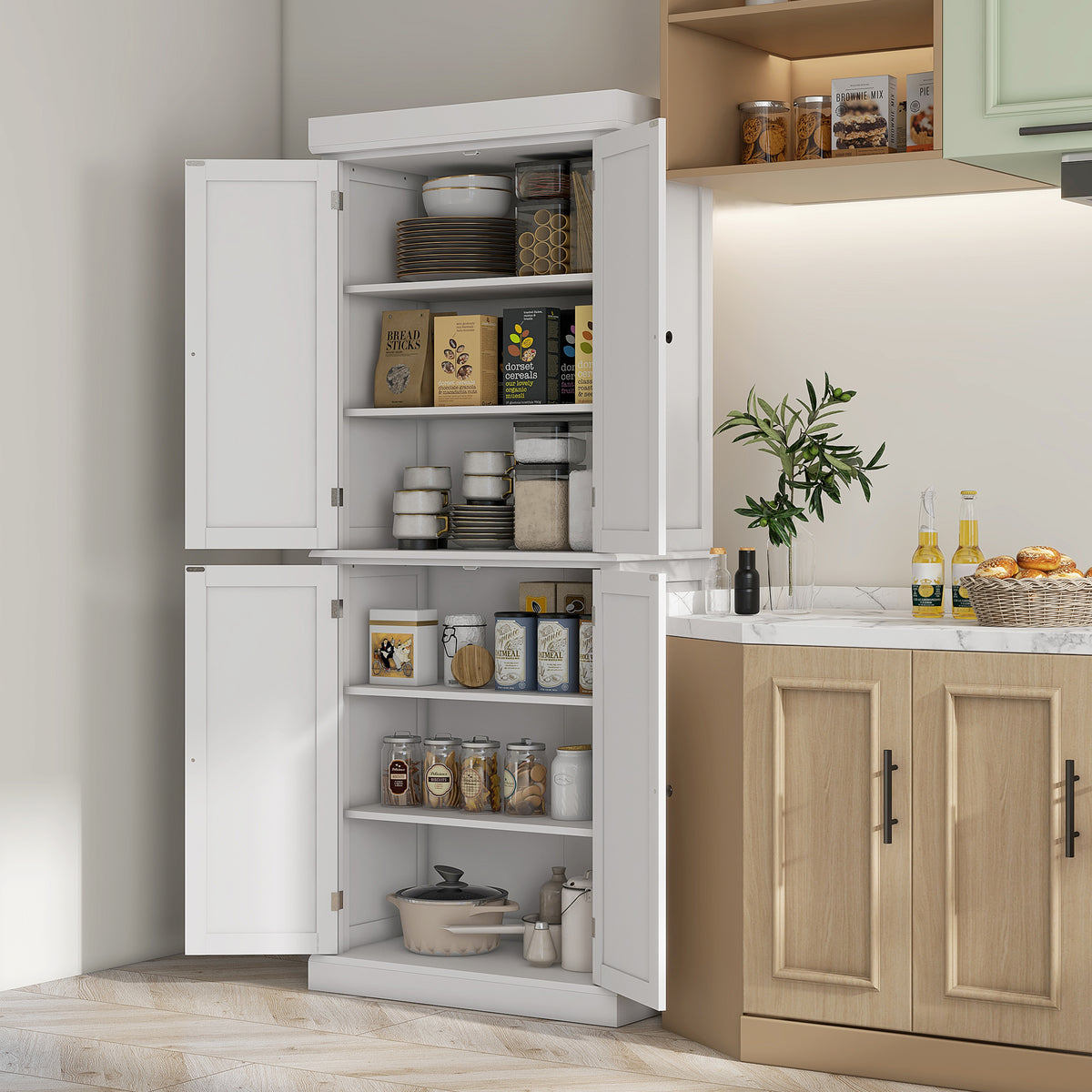 Freestanding Kitchen Cupboard with Six-Tier Adjustable Shelving and Anti-Tip Safety White