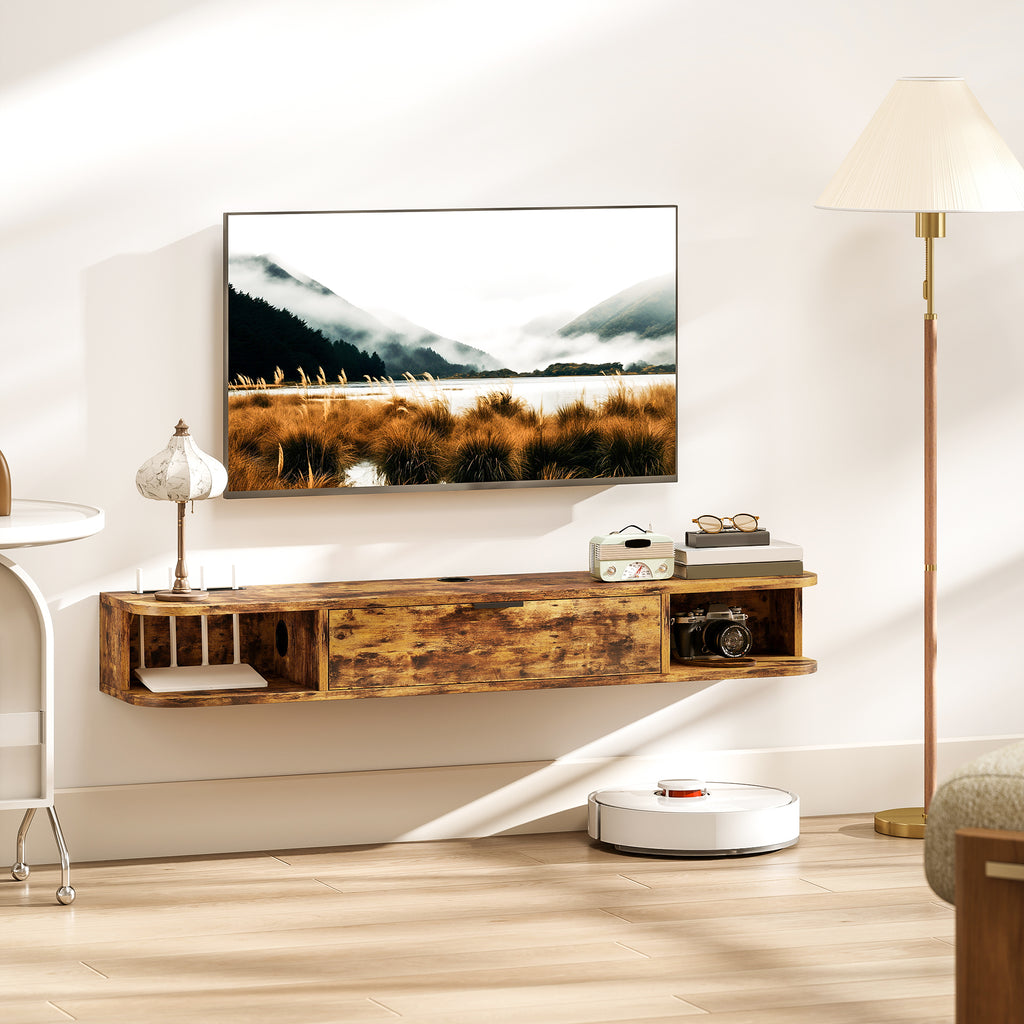 Natural Wood Floating TV Unit with Flip Drawer - Rustic Brown