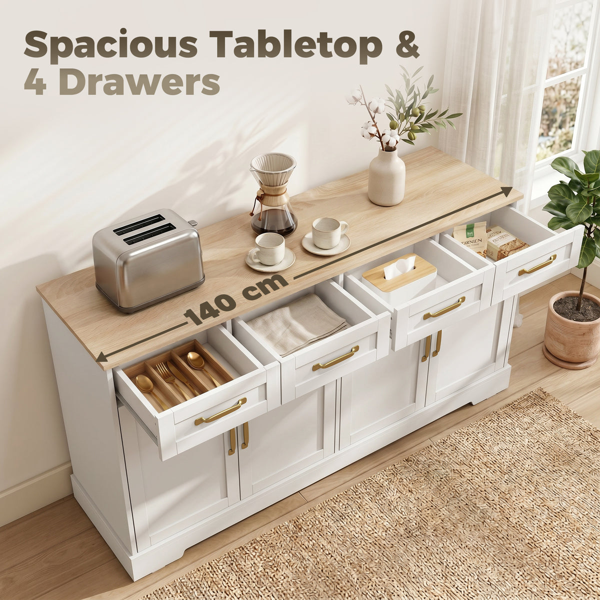 Sideboard Buffet Cabinet with Four Drawers and Adjustable Shelves