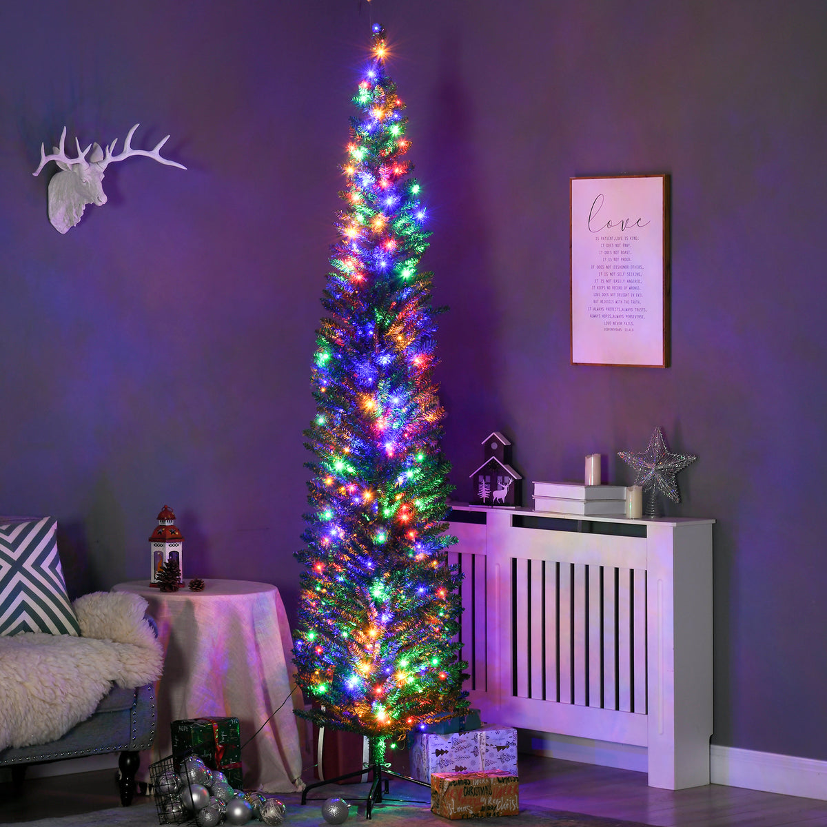 7.5ft Pre-Lit Pencil Shape Christmas Tree with Colourful LED Lights