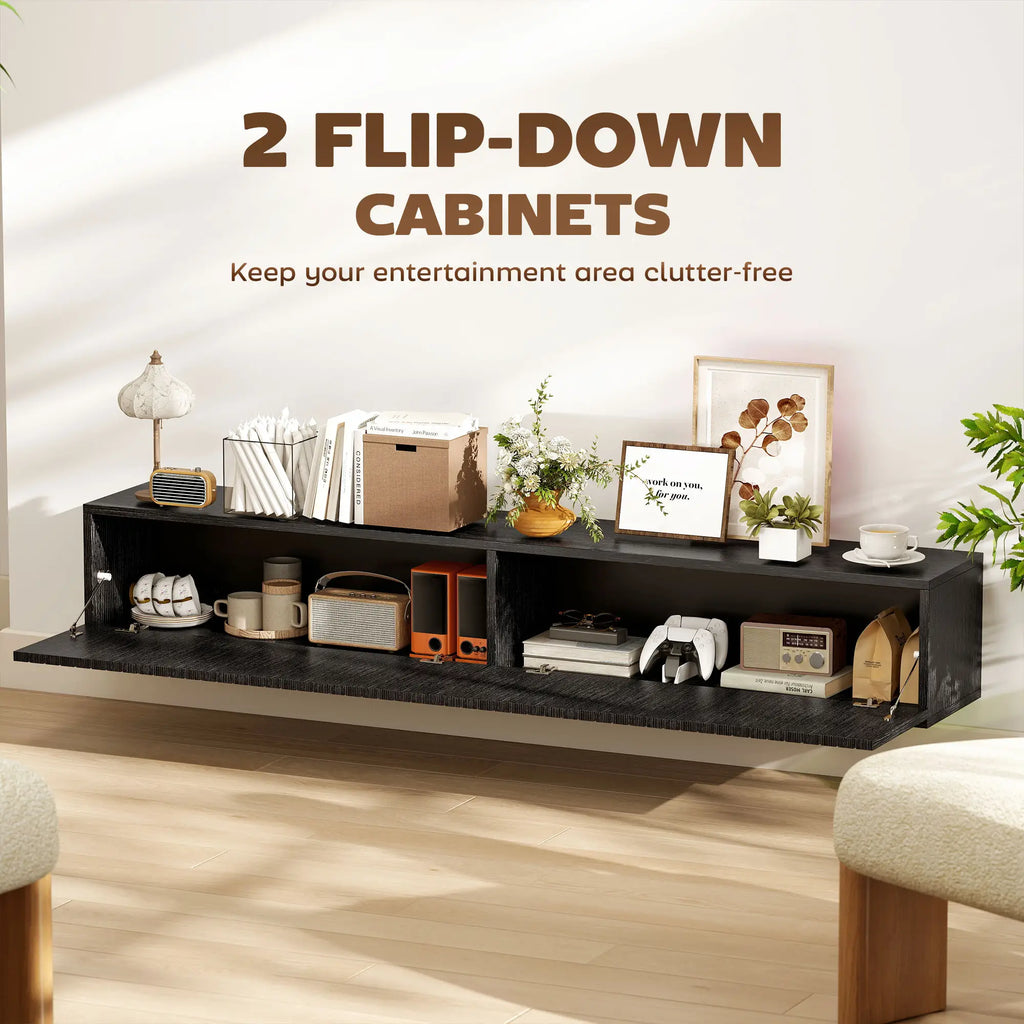 Black Fluted 140cm Floating TV Stand with Flip Cabinets