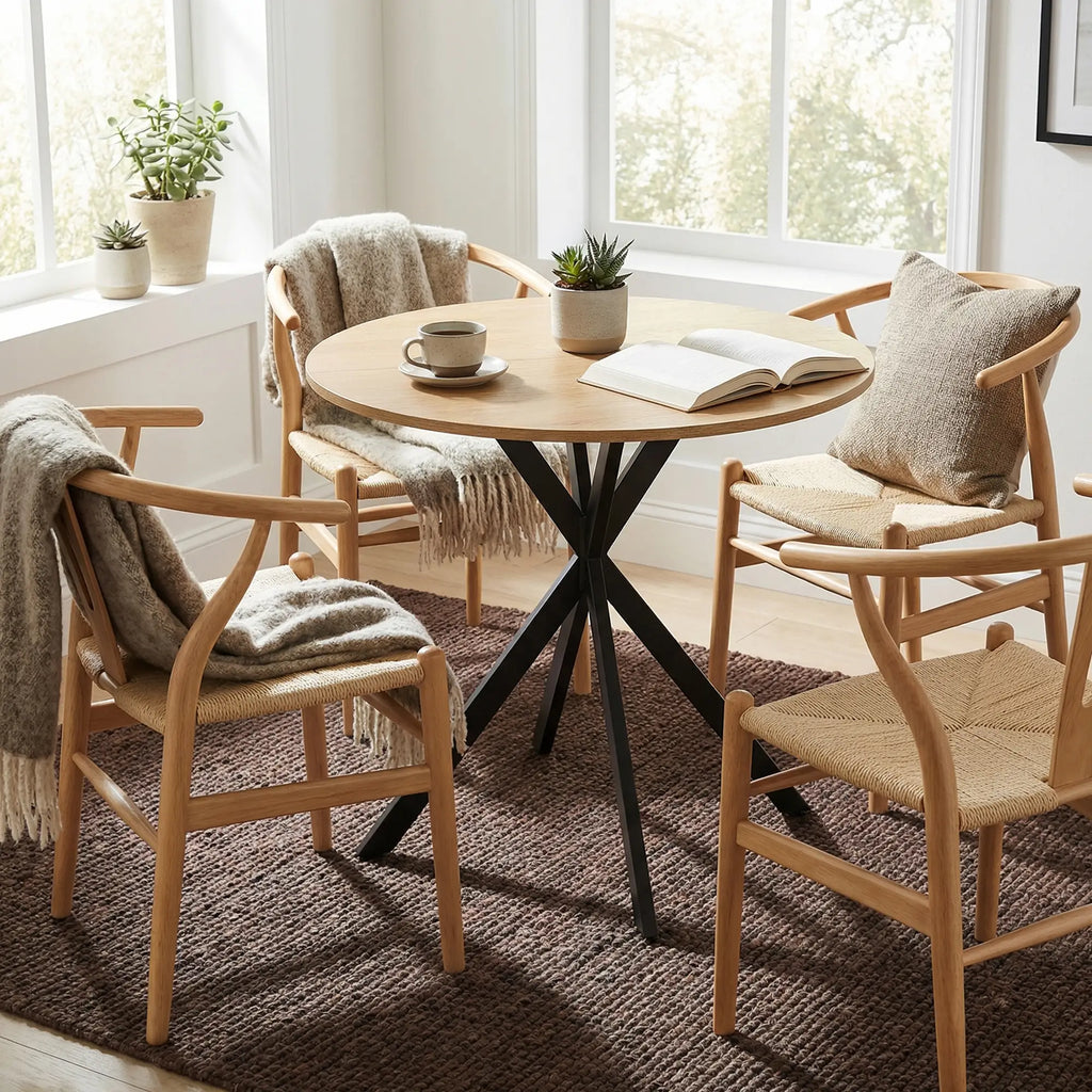 Industrial Round Dining Table with Cross Legs Oak