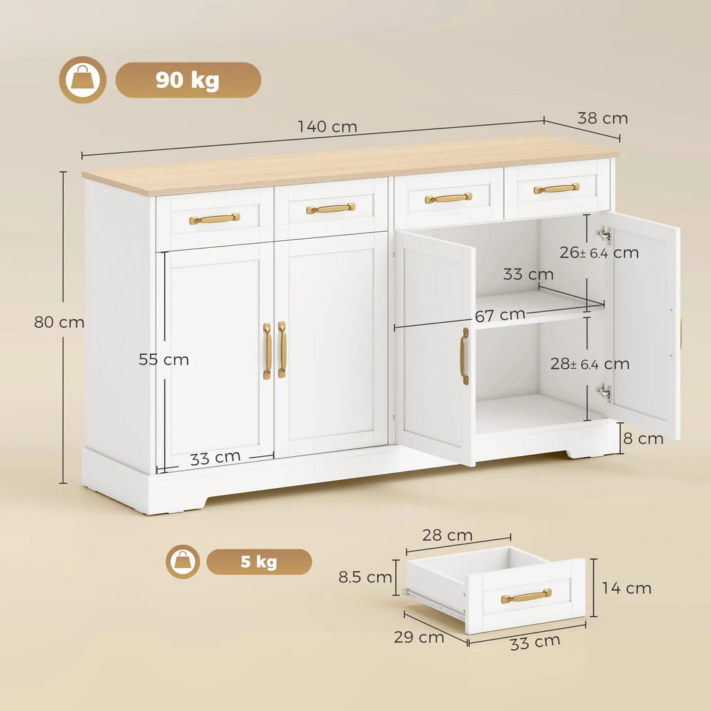 Sideboard Buffet Cabinet with Four Drawers and Adjustable Shelves