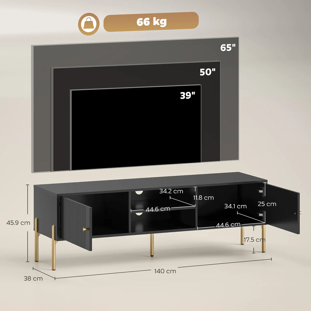 Black Fluted TV Stand with Gold Legs and 2 Cabinets