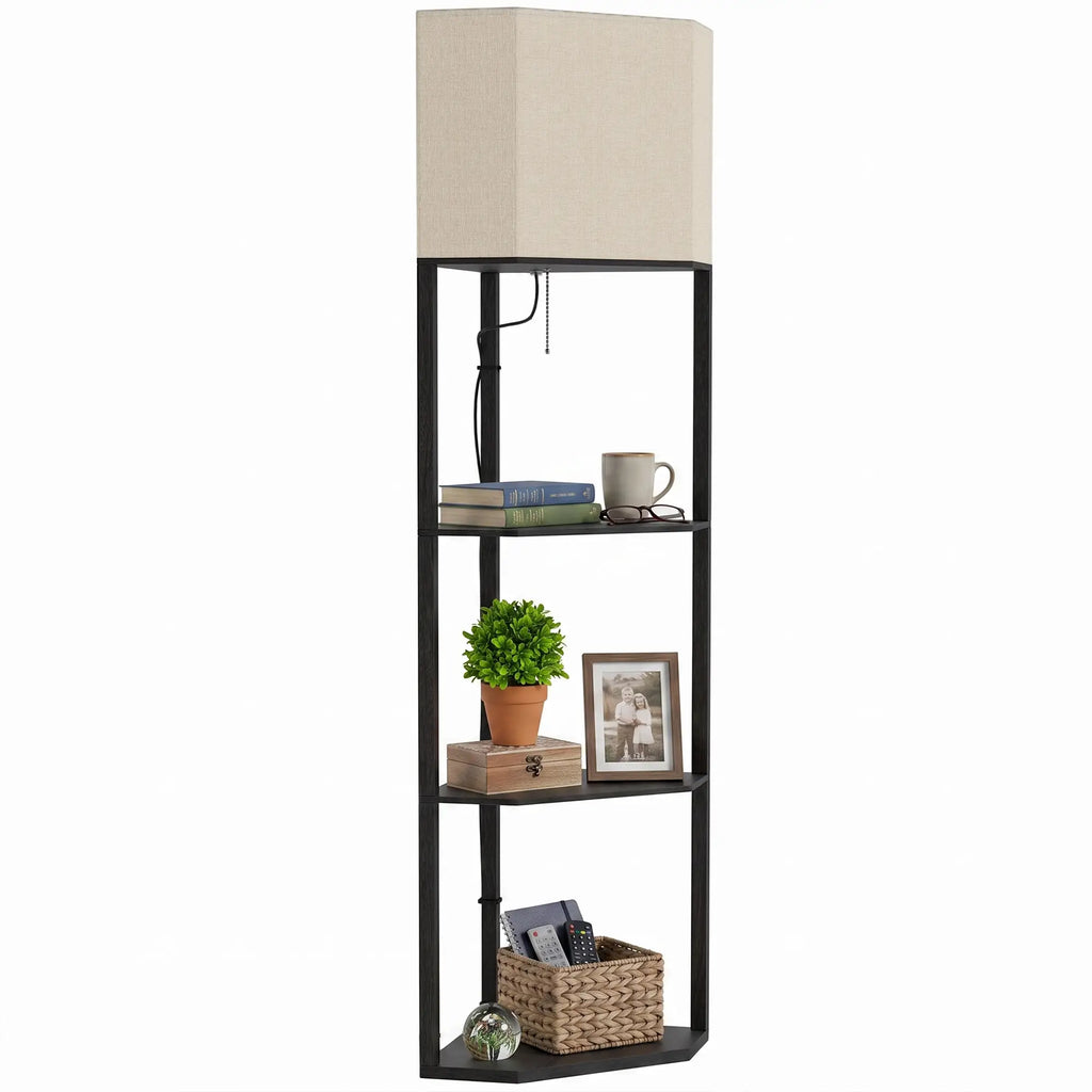 Corner Design Floor Lamp with Shelves and Pull Chain Switch