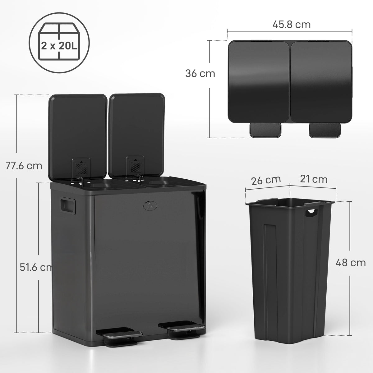 Dual Compartment Recycling Bin with Deodoriser Holders - Black (Alt)