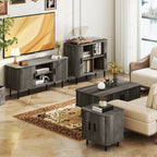 Grey TV Stand Cabinet with Slatted Tambour Doors