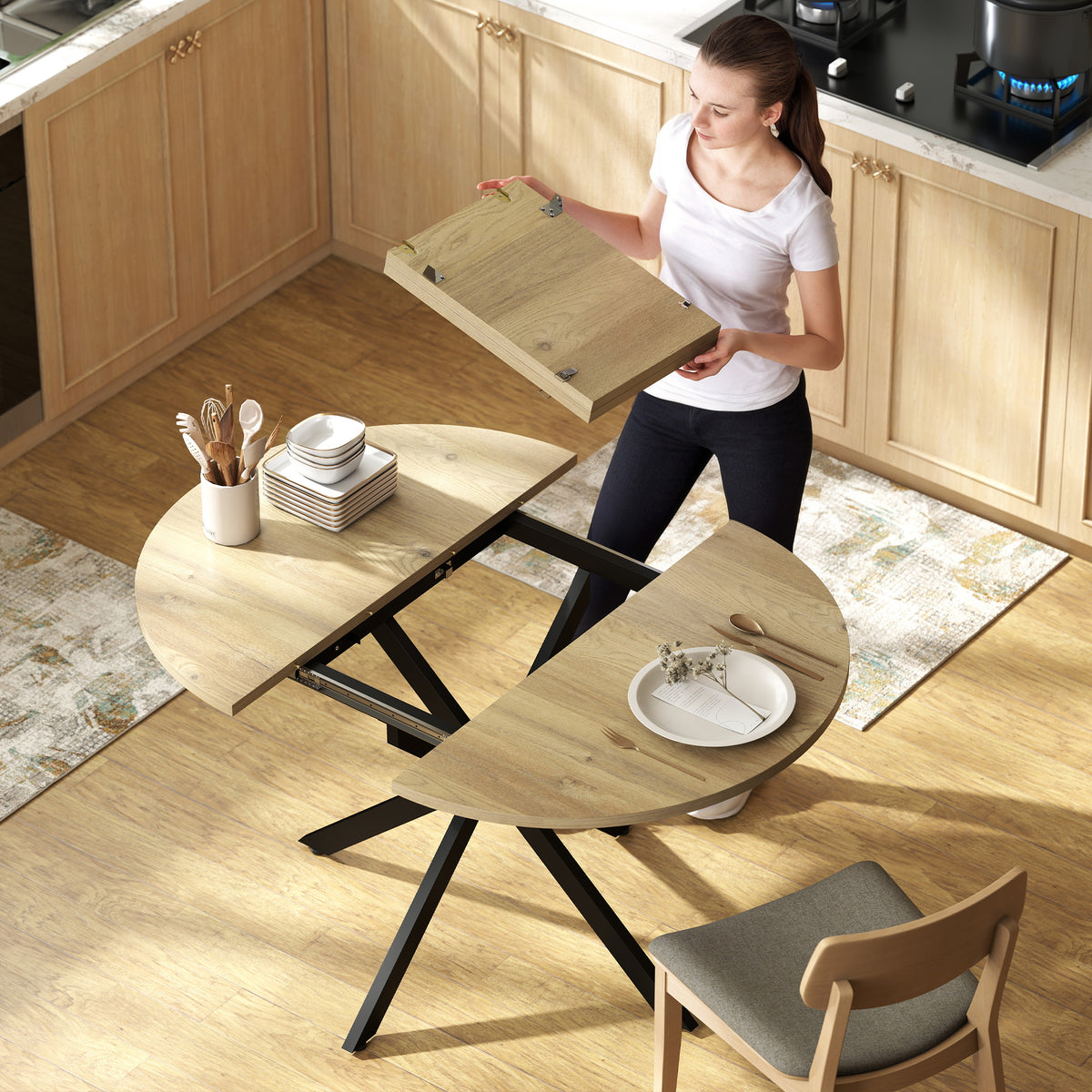 Extendable Industrial Dining Table with Butterfly Leaf Natural Wood