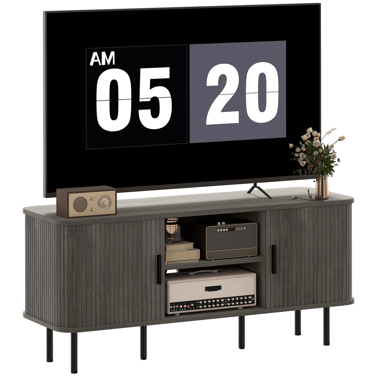 Grey TV Stand Cabinet with Slatted Tambour Doors