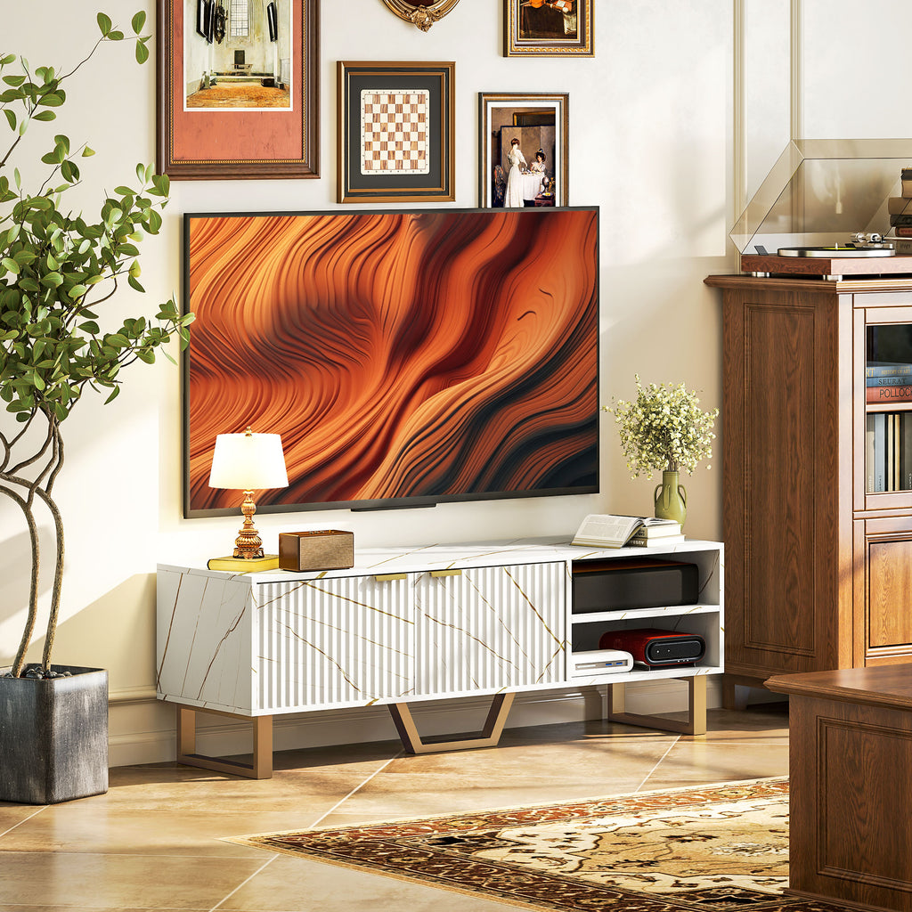 White Marble Effect TV Unit with Fluted Cabinet Doors