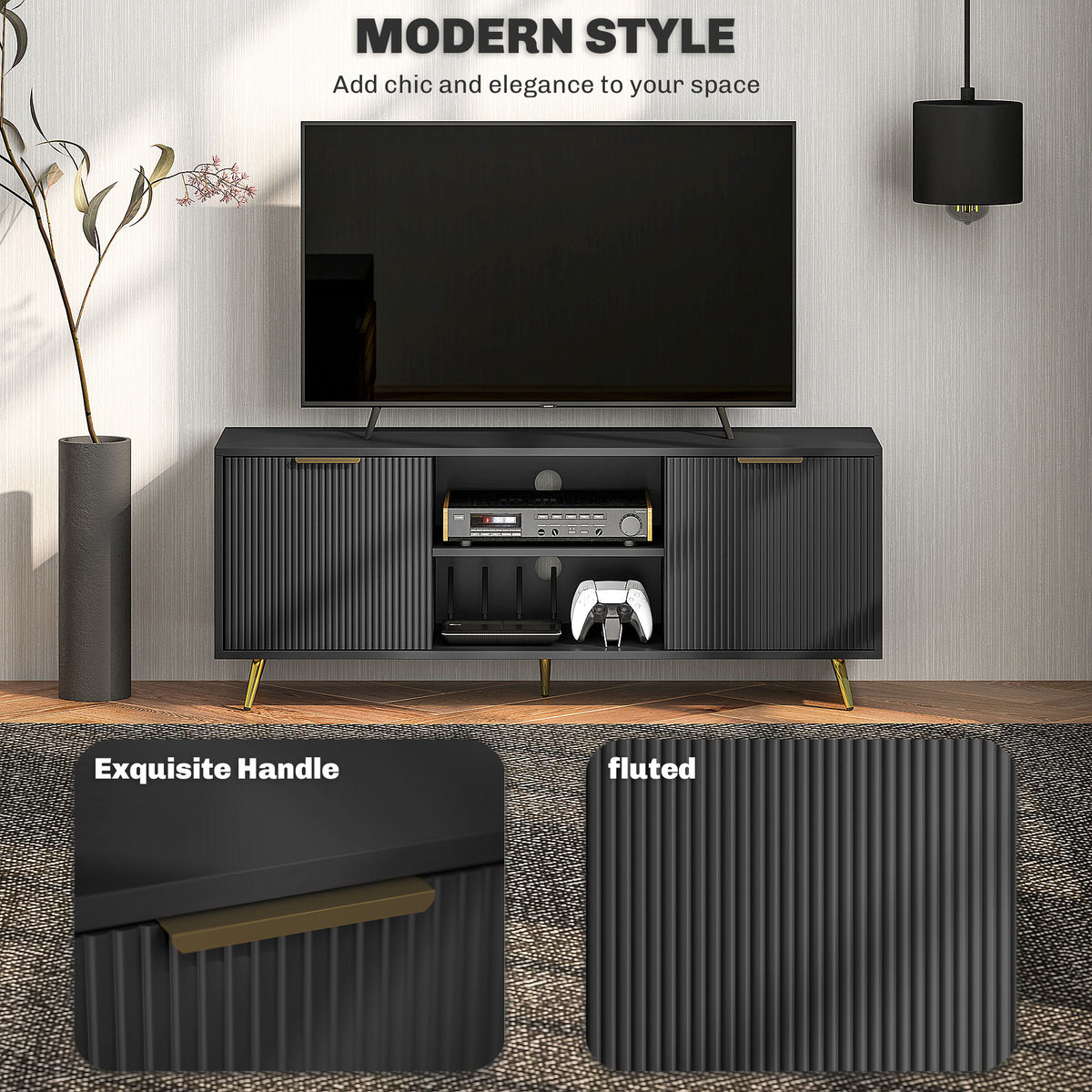 Black Beadboard TV Stand with 2 Cabinets and Open Shelves