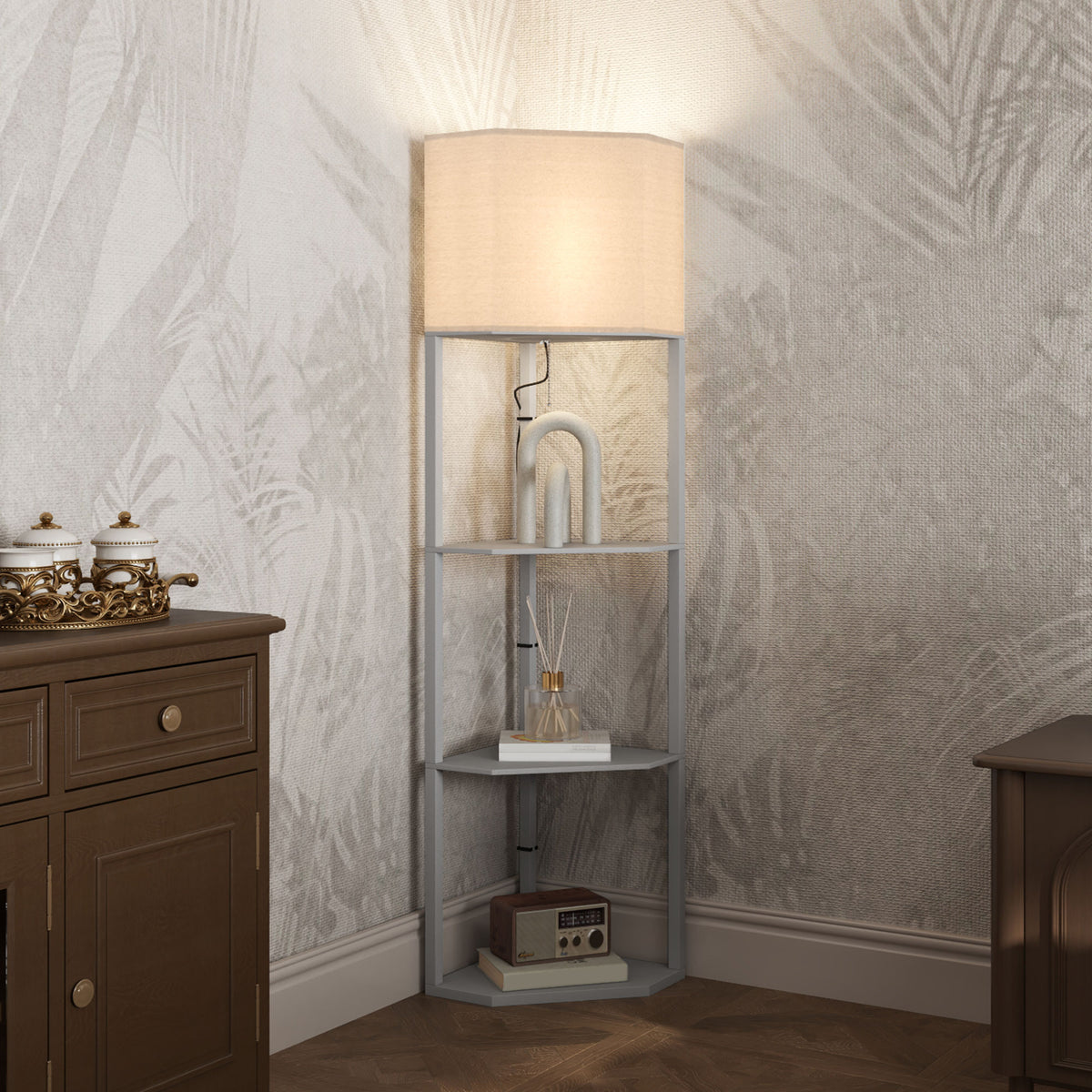 Corner Design Floor Lamp with Shelves and Pull Chain Switch