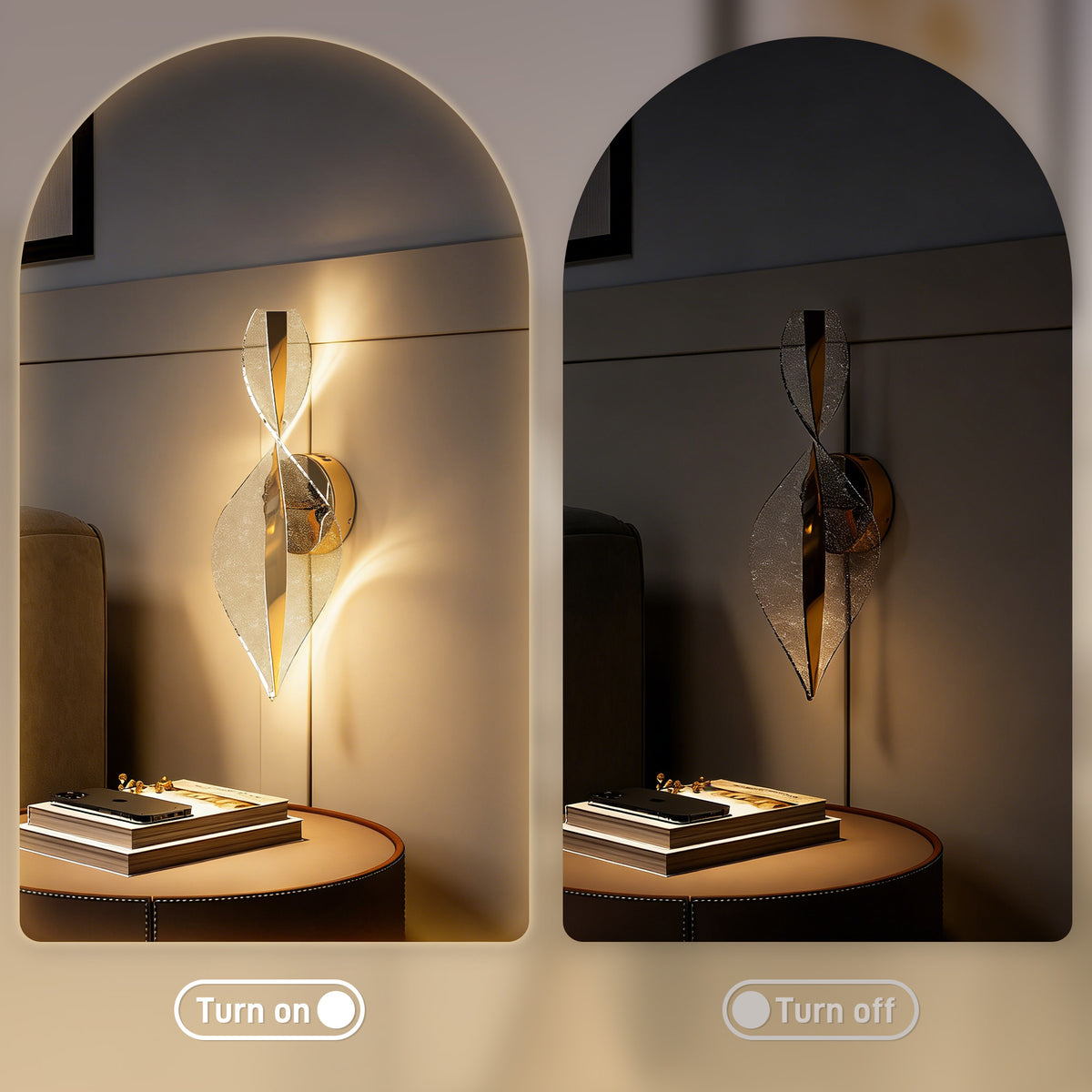 Gold LED spiral wall light illuminated