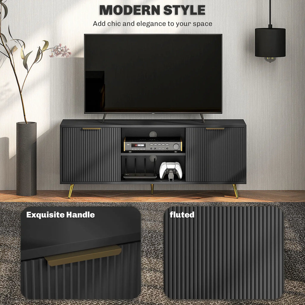 Beadboard TV Stand with 2 Cabinets and Open Shelves