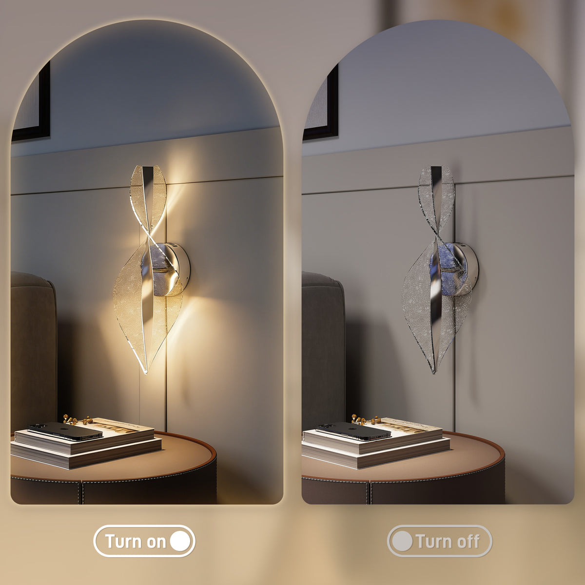 Silver LED spiral wall light illuminated