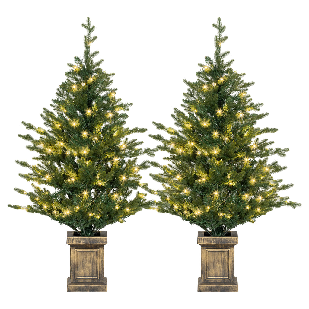 Set of 2 4ft Pre-Lit Artificial Christmas Trees with Vintage Pots