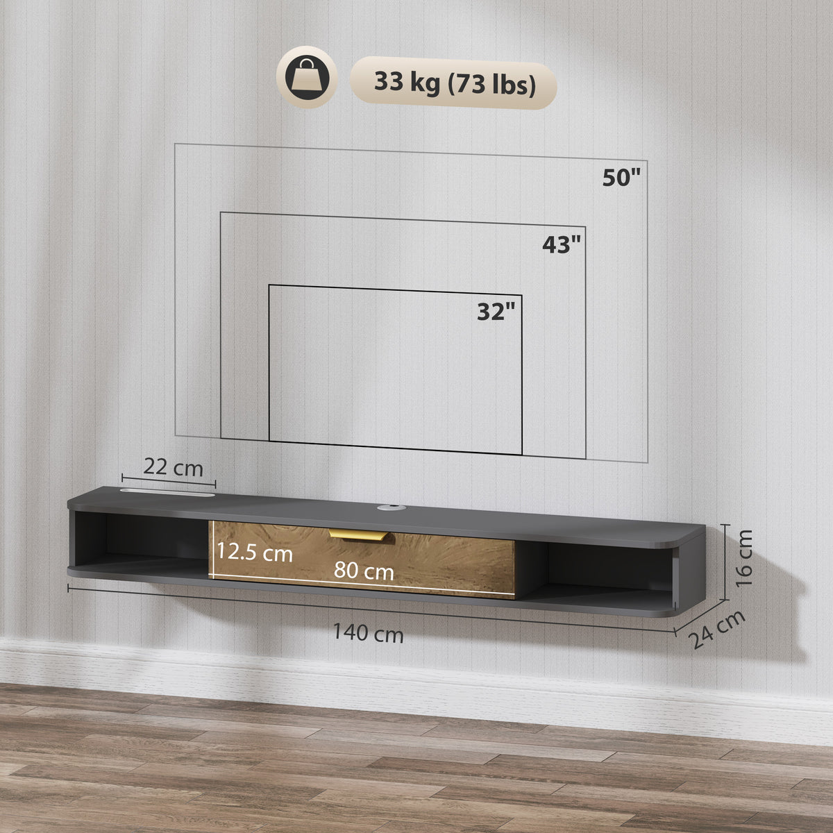 Charcoal Grey Floating TV Cabinet with Cable Management