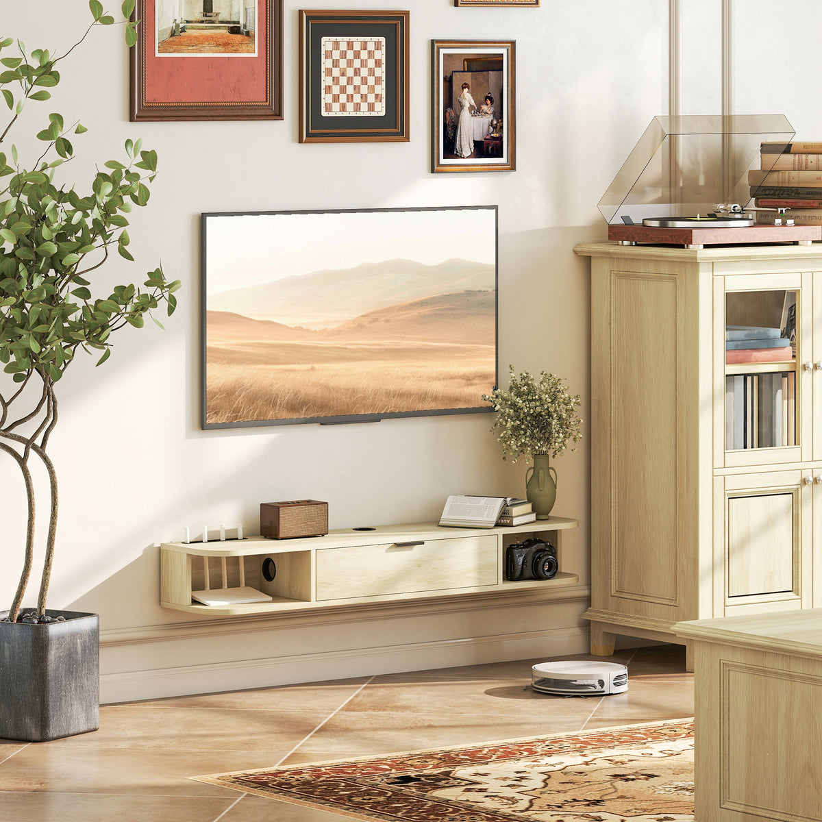 Natural Wood Floating TV Unit with Flip Drawer