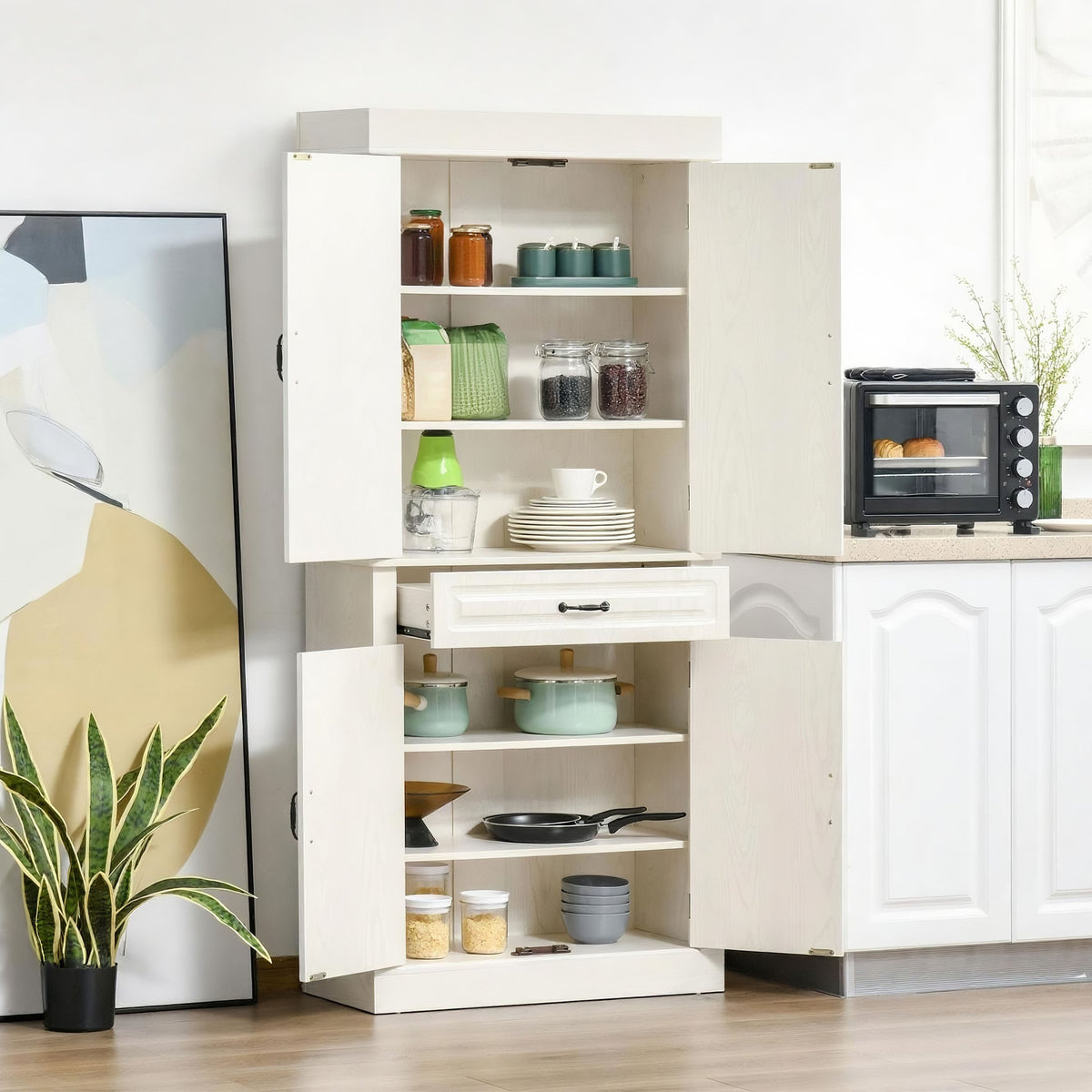 Tall Kitchen Cupboard with Drawer and Dual Cabinet Storage Cream White