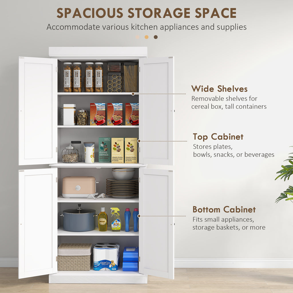 Freestanding Kitchen Cupboard with Six-Tier Adjustable Shelving and Anti-Tip Safety White