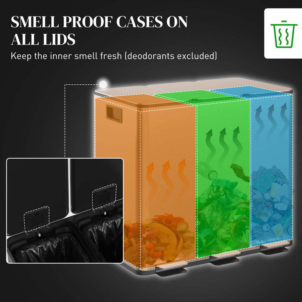 Triple Compartment Pedal Bin with Soft-Close Lid - Gold Tone